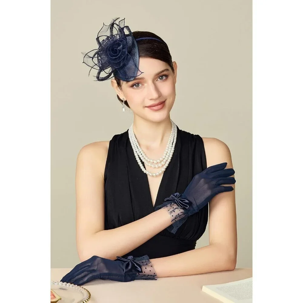 Women's Bow Gloves Navy Blue Short Lace Evening Wedding Accessories Party Prom